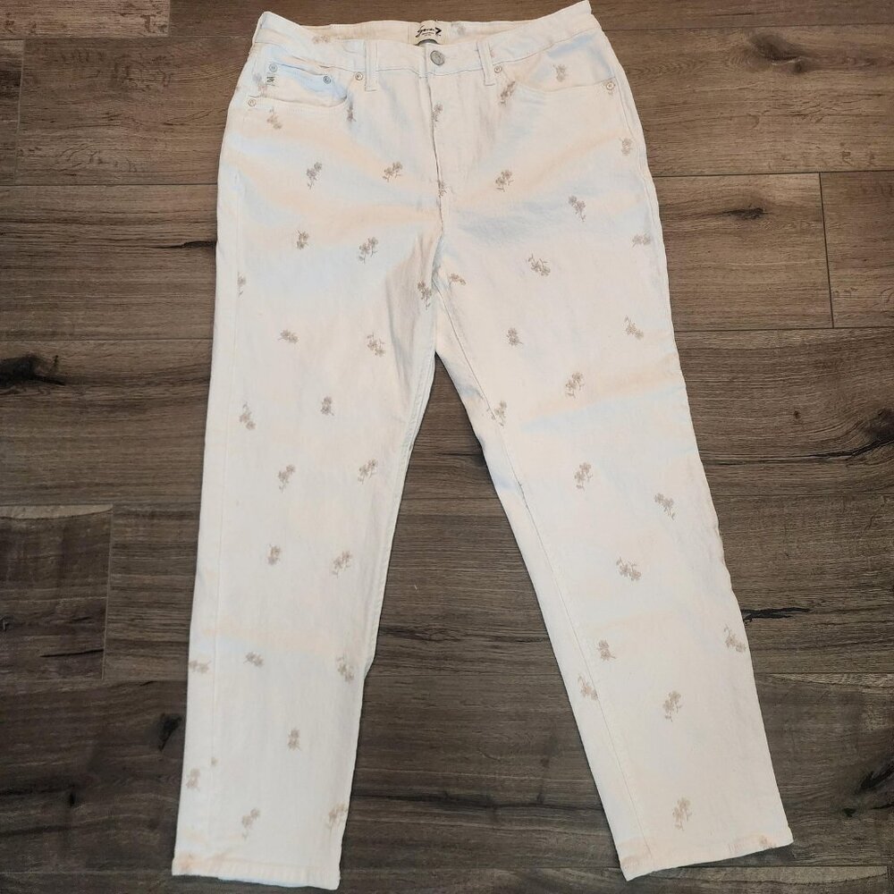 Seven7 Pants Womens 12 Cream Embroidered Floral Straight Leg Jeans Stretch
